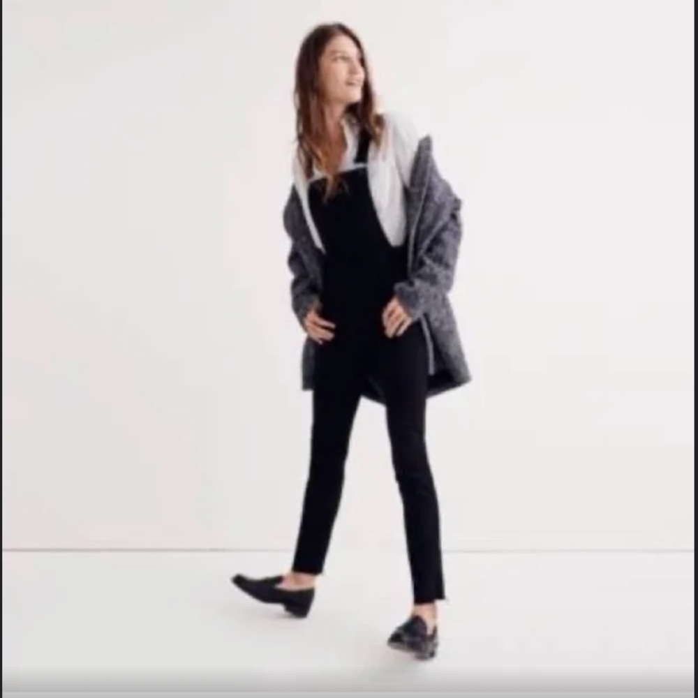 Madewell Crossback Overalls Black Skinny Jean Metallic Piping Down Sides, size M